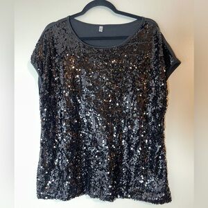 In Voland Sequin Top Size 16W Black Shimmer Short Sleeve Shirt